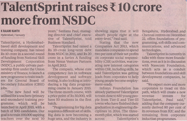 TalentSprint raises Rs.10 crore more from NSDC