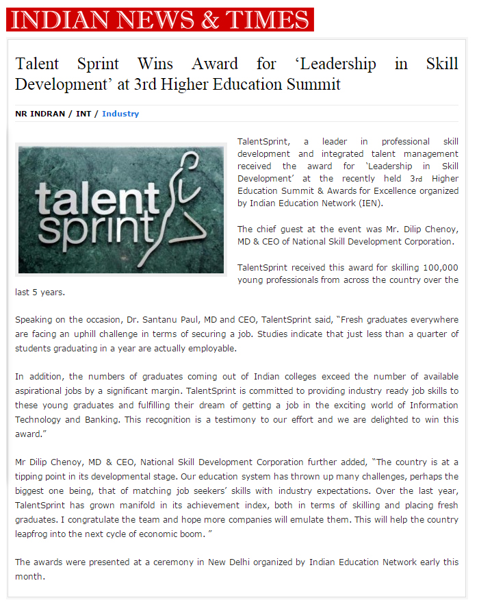 TalentSprint Award Press Coverage