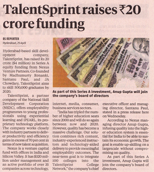 Business Standard - Talent raises Rs20 crore funding