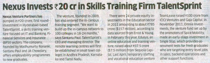 Times of India - Talent raises Rs20 crore funding