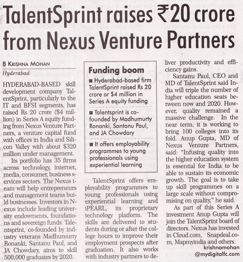 Financial Chronicle - Talent raises Rs20 crore funding